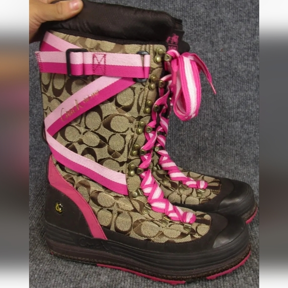 Coach Marian Signature Logo Khaki Rare Pink Trim Lace-Up Mid-Calf Snow Boot 9M - Picture 8 of 16